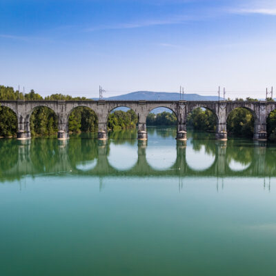 A train bridge on the Soca River in Friuli Venezia Giulia, Italy