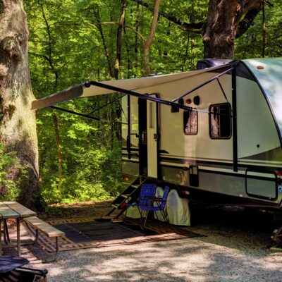 RV camping in the woods.